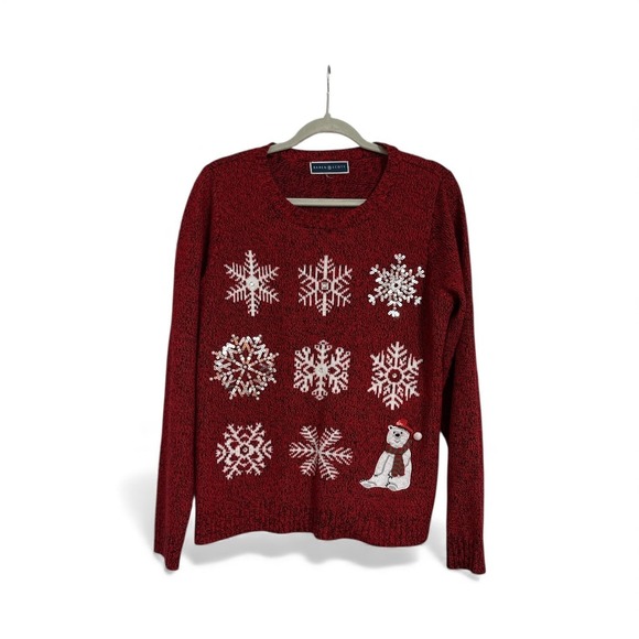 Karen Scott Sweaters - Karen Scott Red Knit Christmas snowflake rhinestone polar‎ bear sweater Large